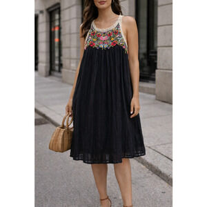 Anthropologie Dress Statement Multicolor Embroidered Black Boho whimsical Sz SP